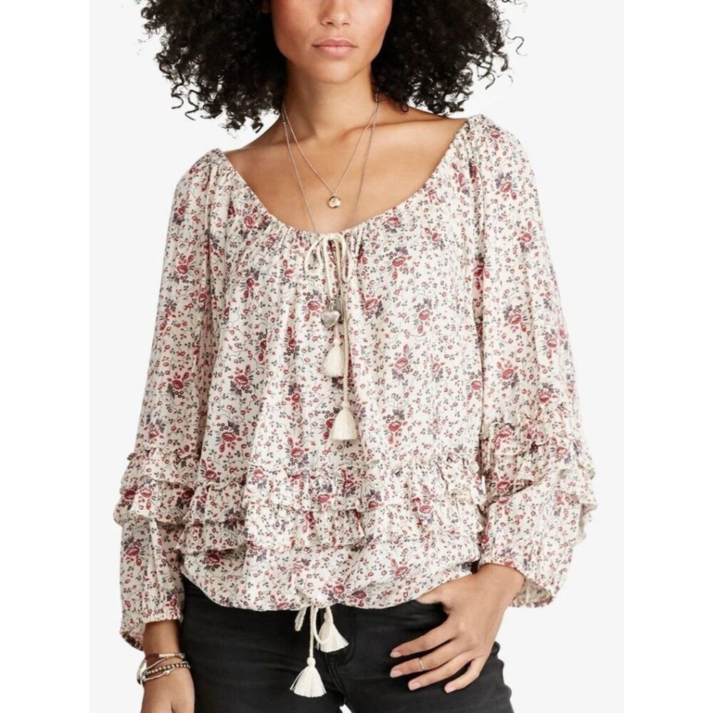 Denim & Supply Ralph Lauren Cream Floral Boho Tassel Blouse Top Size S